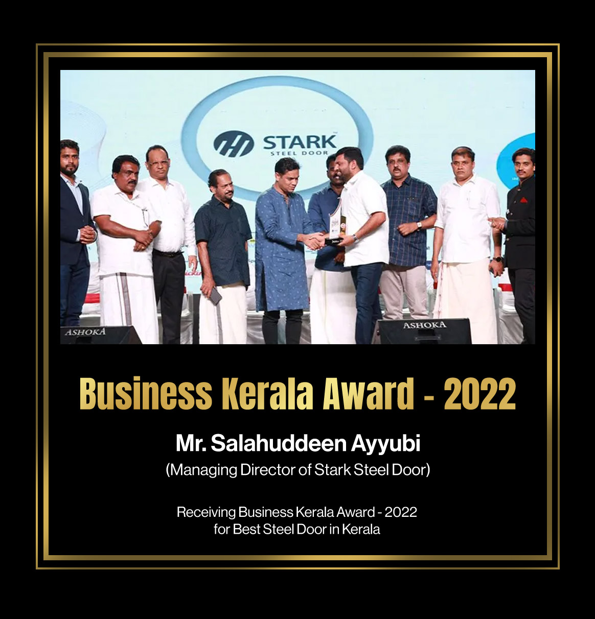 Mr. Salahuddin Ayyubi - Managing Director of Stark Steel Doors Receiving Business Kerala Award 2022 for Best Steel Door in Kerala